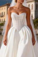 Load image into Gallery viewer, White Satin Corset A Line Sweetheart Sweep Train Wedding Dress