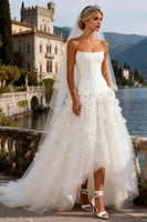Load image into Gallery viewer, White Tulle Strapless Corset Sweep Train A Line Wedding Dress with 3D Flowers
