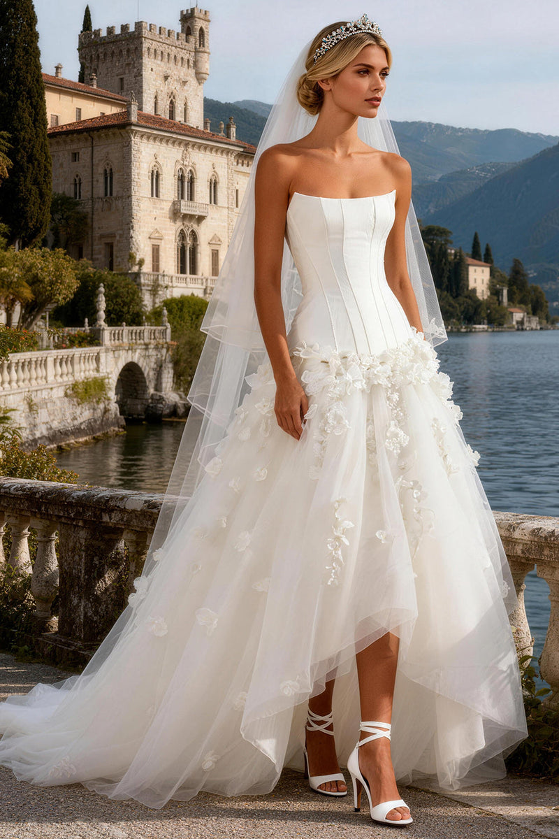 Load image into Gallery viewer, White Tulle Strapless Corset Sweep Train A Line Wedding Dress with 3D Flowers