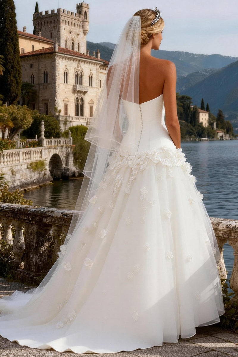 Load image into Gallery viewer, White Tulle Strapless Corset Sweep Train A Line Wedding Dress with 3D Flowers