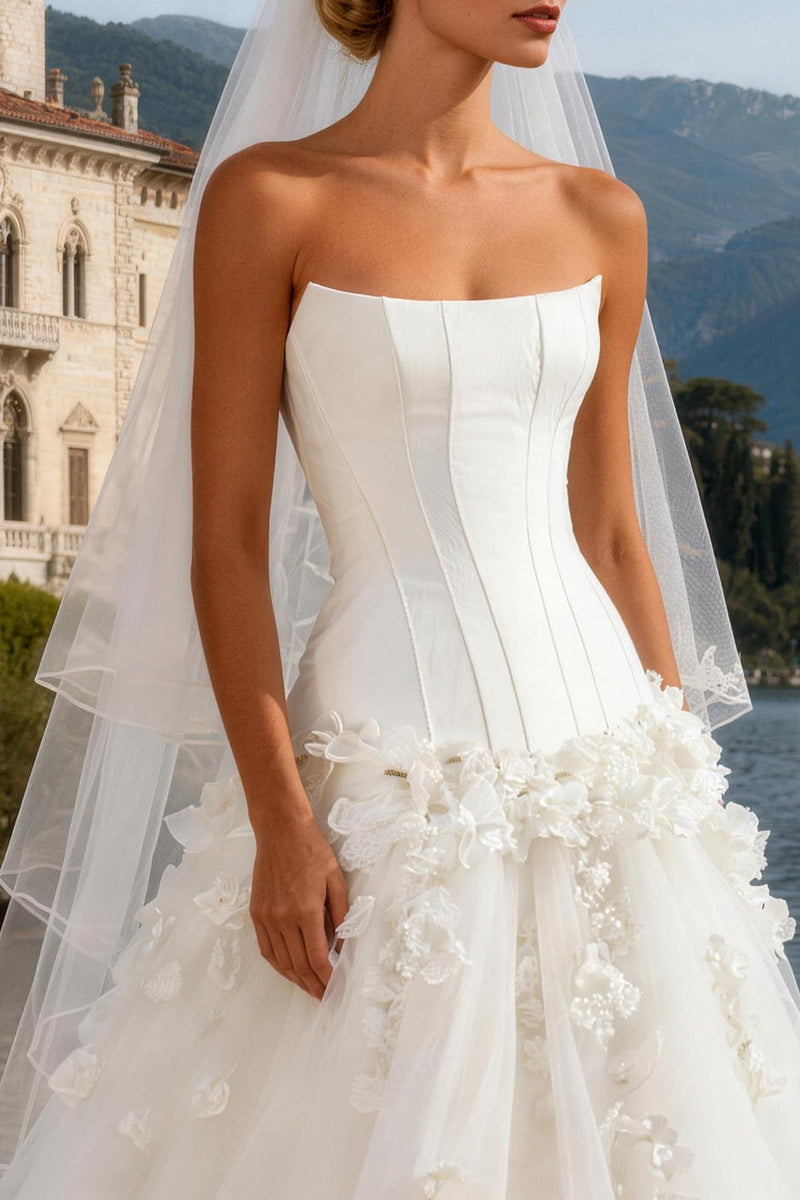 Load image into Gallery viewer, White Tulle Strapless Corset Sweep Train A Line Wedding Dress with 3D Flowers