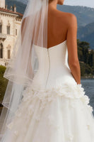 Load image into Gallery viewer, White Tulle Strapless Corset Sweep Train A Line Wedding Dress with 3D Flowers