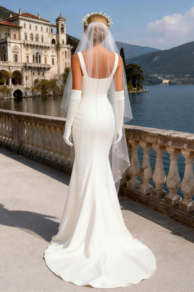 Load image into Gallery viewer, White Satin Corset Square Neck Mermaid Sweep Train Wedding Dress