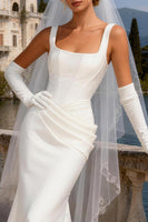 Load image into Gallery viewer, White Satin Corset Square Neck Mermaid Sweep Train Wedding Dress