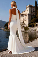 Load image into Gallery viewer, White Satin Neck Scarf Mermaid Strapless Sweep Train Wedding Dress