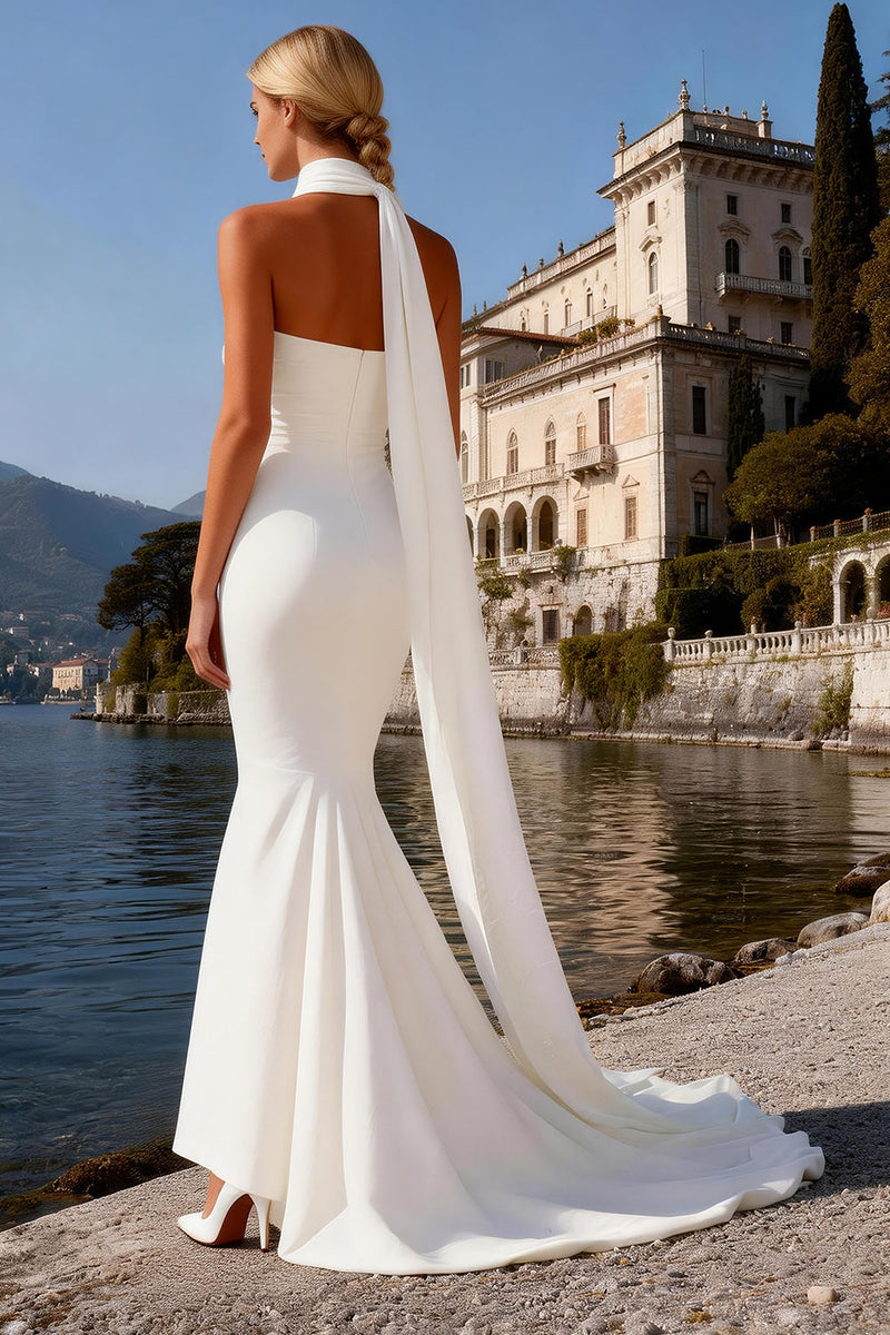 Load image into Gallery viewer, White Satin Neck Scarf Mermaid Strapless Sweep Train Wedding Dress