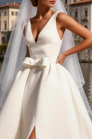 Load image into Gallery viewer, Ivory Satin Ball Gown V Neck Sweep Train Wedding Dress with Bow