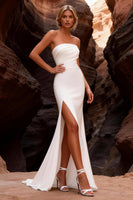 Load image into Gallery viewer, Simple White Mermaid Strapless Sweep Train Wedding Dress with Slit