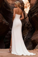 Load image into Gallery viewer, Simple White Mermaid Strapless Sweep Train Wedding Dress with Slit