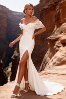 Load image into Gallery viewer, White Off The Shoulder Sweep Train Mermaid Wedding Dress with Slit