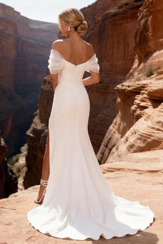 White Off The Shoulder Sweep Train Mermaid Wedding Dress with Slit