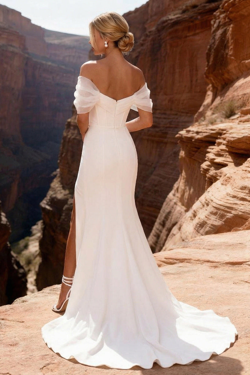 Load image into Gallery viewer, White Off The Shoulder Sweep Train Mermaid Wedding Dress with Slit