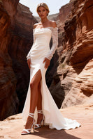 Load image into Gallery viewer, White Mermaid Satin Lace Sleeves Sweep Train Wedding Dress with Slit