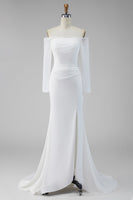 Load image into Gallery viewer, White Mermaid Satin Lace Sleeves Sweep Train Wedding Dress with Slit
