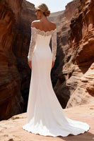 Load image into Gallery viewer, White Mermaid Satin Lace Sleeves Sweep Train Wedding Dress with Slit