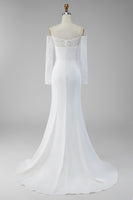 Load image into Gallery viewer, White Mermaid Satin Lace Sleeves Sweep Train Wedding Dress with Slit