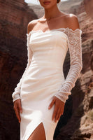 Load image into Gallery viewer, White Mermaid Satin Lace Sleeves Sweep Train Wedding Dress with Slit