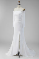 Load image into Gallery viewer, White Mermaid Satin Lace Sleeves Sweep Train Wedding Dress with Slit