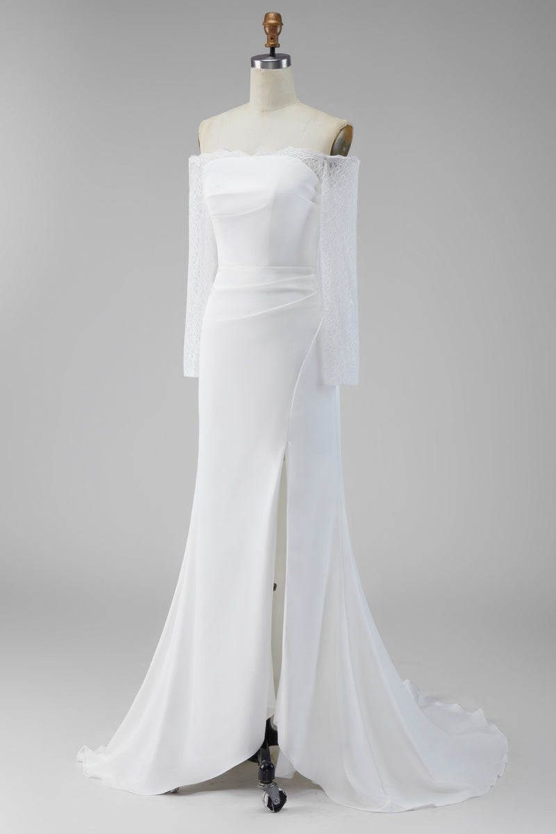 Load image into Gallery viewer, White Mermaid Satin Lace Sleeves Sweep Train Wedding Dress with Slit