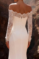 Load image into Gallery viewer, White Mermaid Satin Lace Sleeves Sweep Train Wedding Dress with Slit