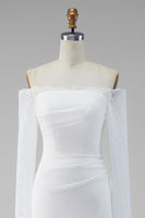 Load image into Gallery viewer, White Mermaid Satin Lace Sleeves Sweep Train Wedding Dress with Slit