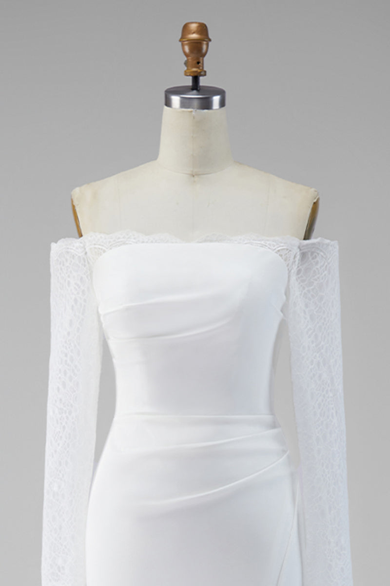 Load image into Gallery viewer, White Mermaid Satin Lace Sleeves Sweep Train Wedding Dress with Slit