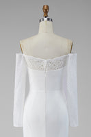 Load image into Gallery viewer, White Mermaid Satin Lace Sleeves Sweep Train Wedding Dress with Slit
