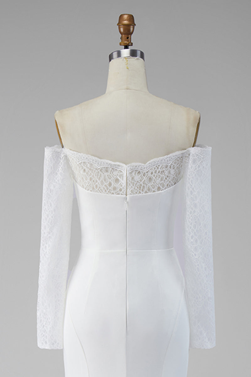 Load image into Gallery viewer, White Mermaid Satin Lace Sleeves Sweep Train Wedding Dress with Slit