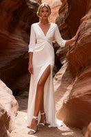 Load image into Gallery viewer, Ivory V Neck Mermaid 3/4 Sleeves Ruched Sweep Train Wedding Dress with Slit
