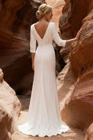 Load image into Gallery viewer, Ivory V Neck Mermaid 3/4 Sleeves Ruched Sweep Train Wedding Dress with Slit