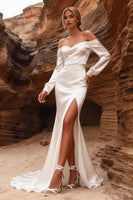 Load image into Gallery viewer, Ivory Satin Long Sleeves Mermaid Sweep Train Wedding Dress with Slit