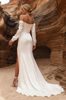 Load image into Gallery viewer, Ivory Satin Long Sleeves Mermaid Sweep Train Wedding Dress with Slit