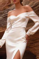 Load image into Gallery viewer, Ivory Satin Long Sleeves Mermaid Sweep Train Wedding Dress with Slit