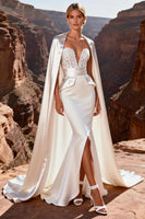 Load image into Gallery viewer, Ivory Satin Sweetheart Corset Mermaid Sweep Train Wedding Dress with Cape
