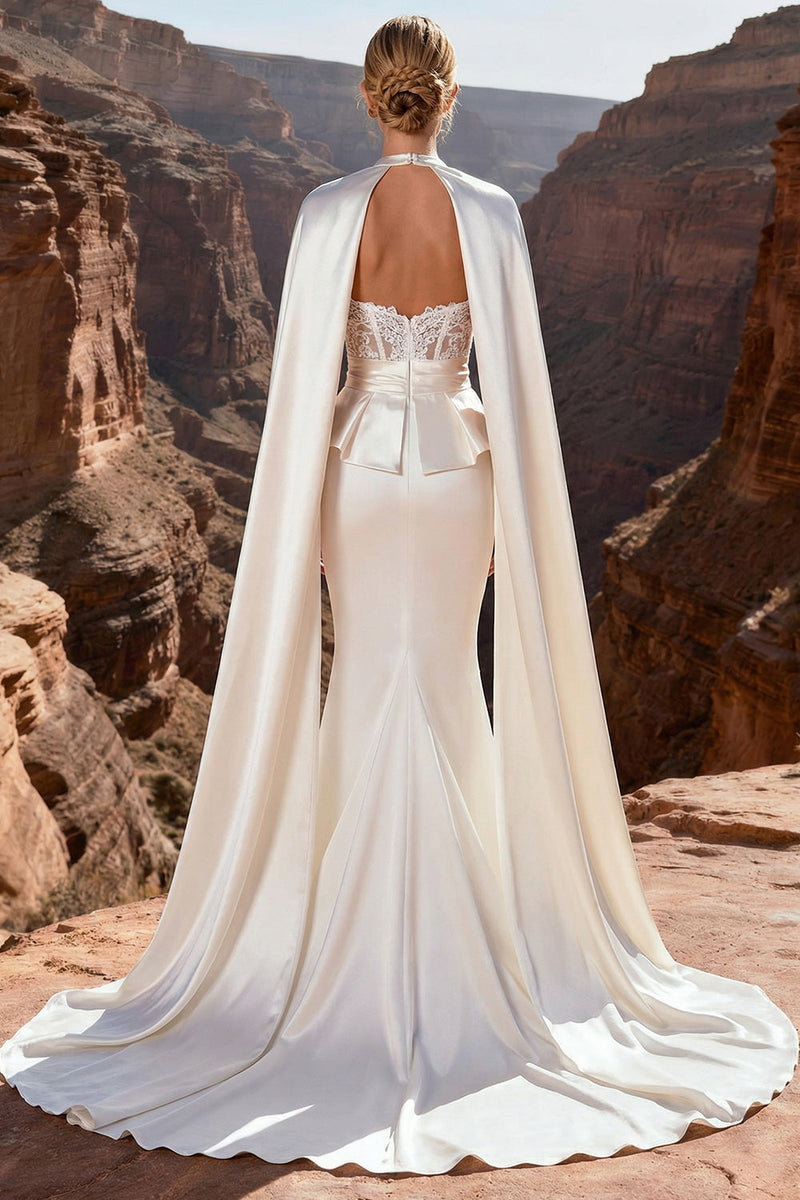 Load image into Gallery viewer, Ivory Satin Sweetheart Corset Mermaid Sweep Train Wedding Dress with Cape
