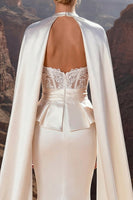 Load image into Gallery viewer, Ivory Satin Sweetheart Corset Mermaid Sweep Train Wedding Dress with Cape
