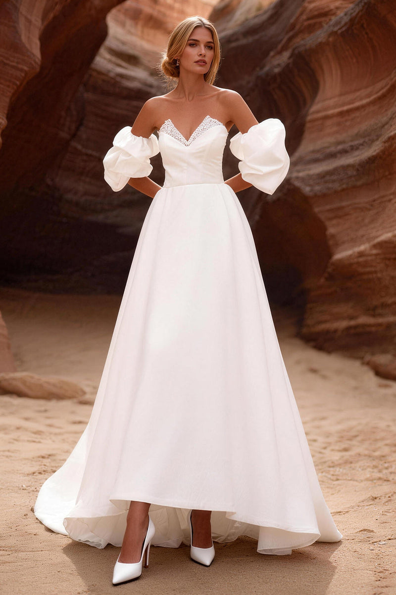 Load image into Gallery viewer, White Strapless Corset A Line Sweep Train Wedding Dress with Sleeves