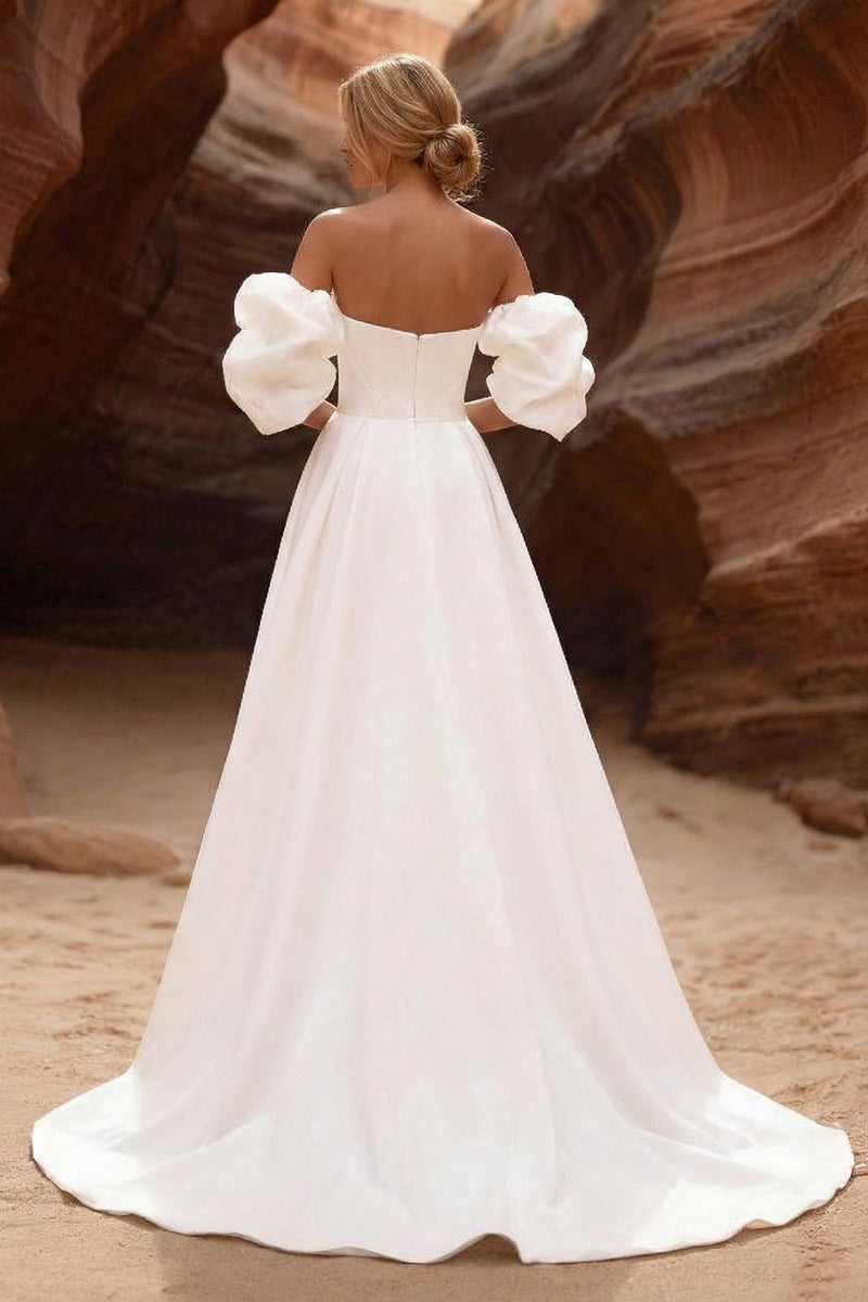 Load image into Gallery viewer, White Strapless Corset A Line Sweep Train Wedding Dress with Sleeves