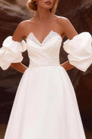 Load image into Gallery viewer, White Strapless Corset A Line Sweep Train Wedding Dress with Sleeves