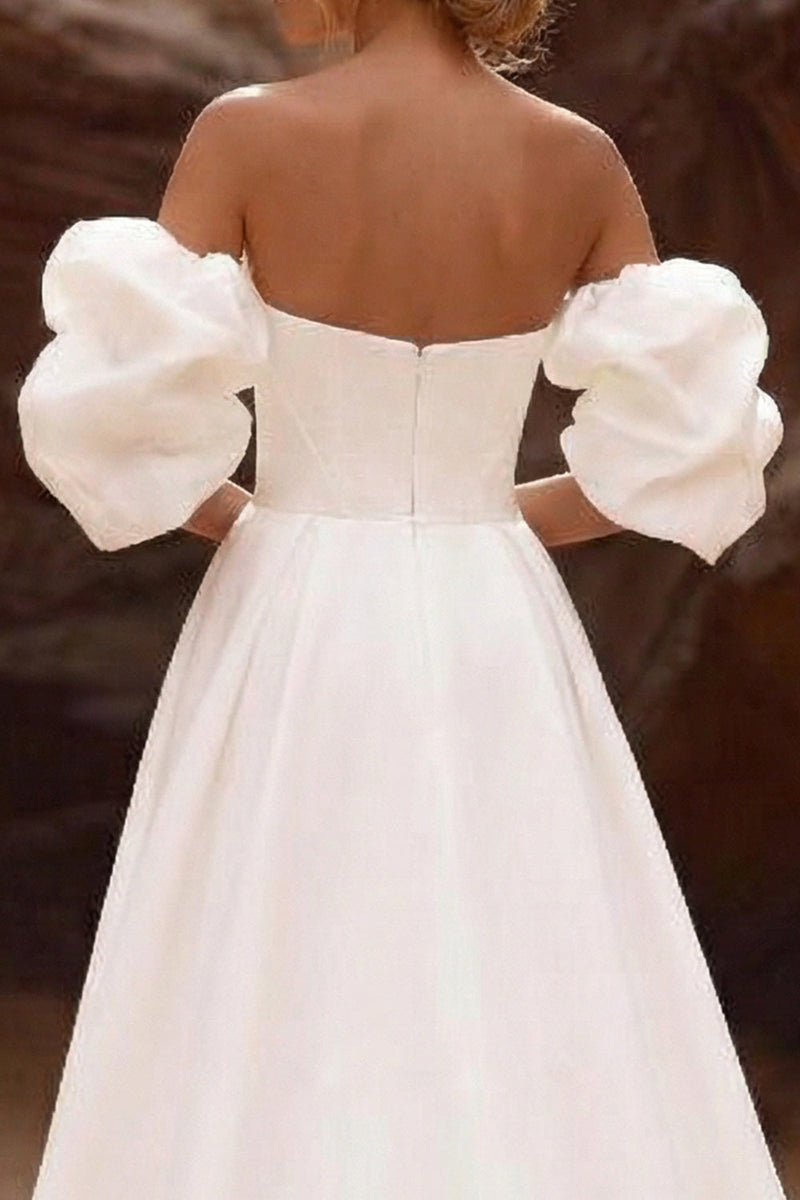Load image into Gallery viewer, White Strapless Corset A Line Sweep Train Wedding Dress with Sleeves