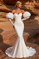 Load image into Gallery viewer, White Sweetheart Satin Mermaid Sweep Train Wedding Dress with Sleeves