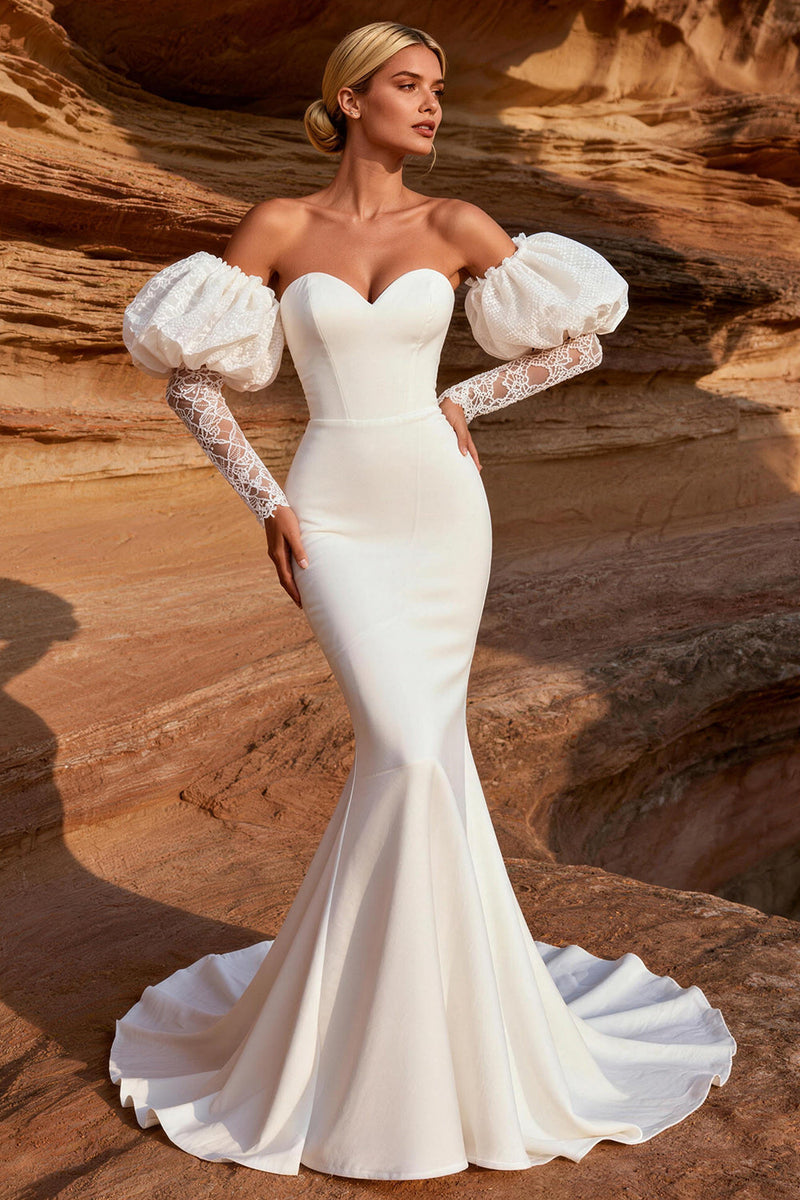 Load image into Gallery viewer, White Sweetheart Satin Mermaid Sweep Train Wedding Dress with Sleeves