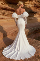 Load image into Gallery viewer, White Sweetheart Satin Mermaid Sweep Train Wedding Dress with Sleeves
