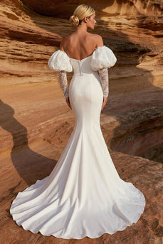 White Sweetheart Satin Mermaid Sweep Train Wedding Dress with Sleeves