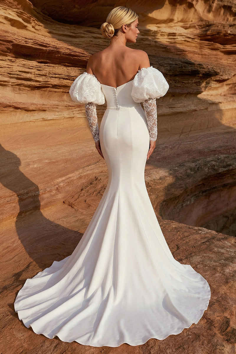 Load image into Gallery viewer, White Sweetheart Satin Mermaid Sweep Train Wedding Dress with Sleeves