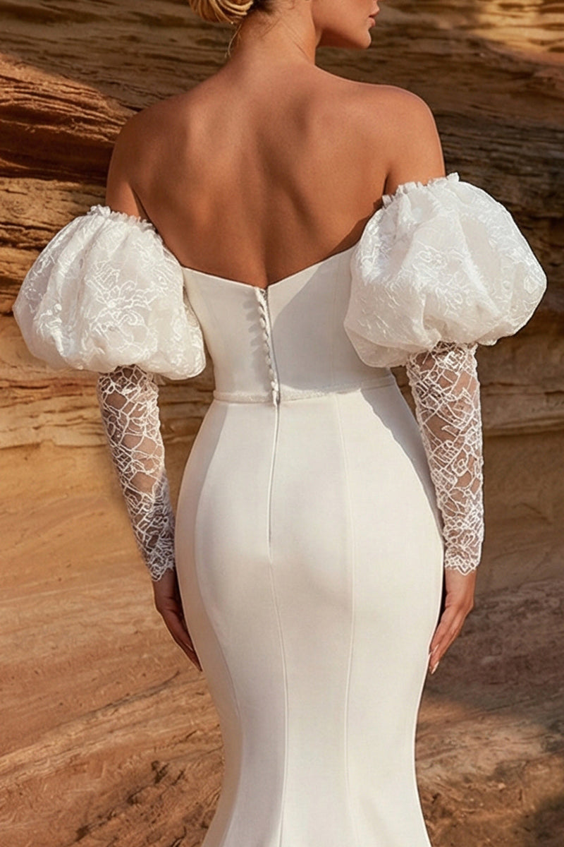 Load image into Gallery viewer, White Sweetheart Satin Mermaid Sweep Train Wedding Dress with Sleeves