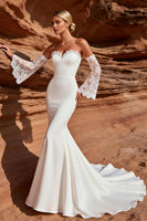 Load image into Gallery viewer, White Satin Sweetheart Mermaid Lace Sleeves Sweep Train Wedding Dress