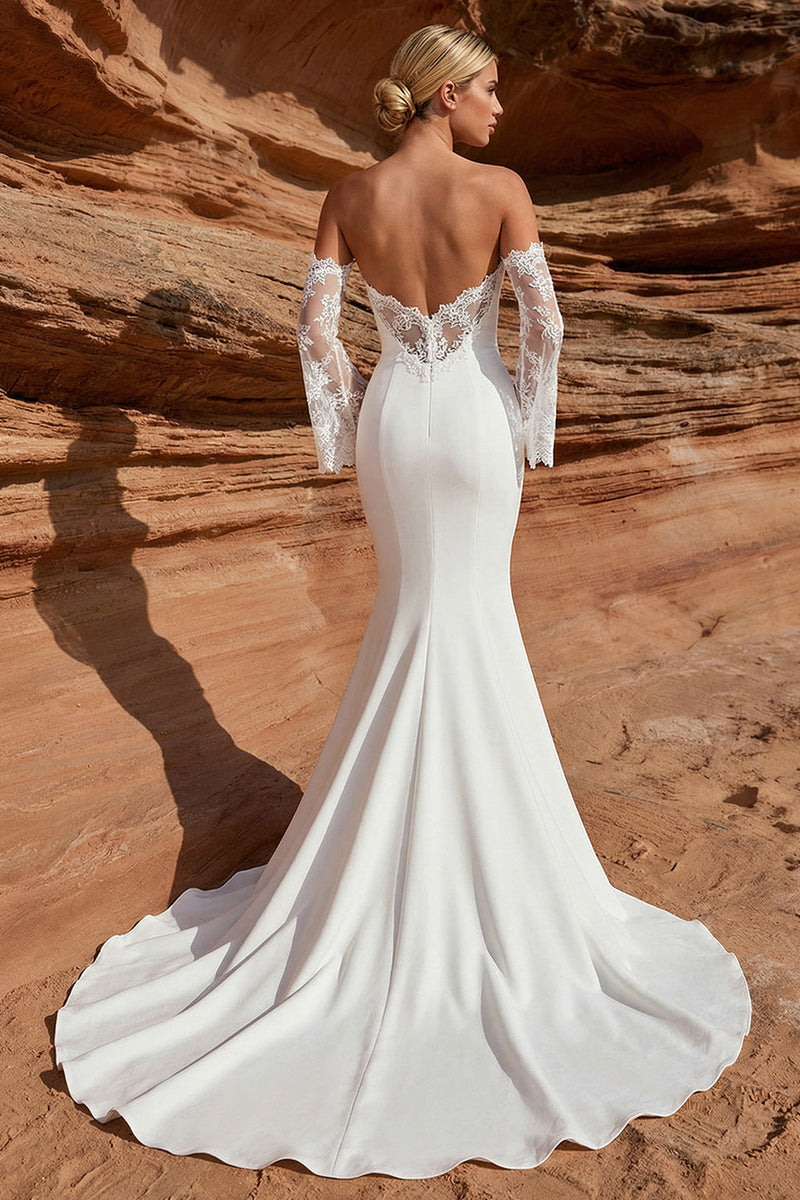 Load image into Gallery viewer, White Satin Sweetheart Mermaid Lace Sleeves Sweep Train Wedding Dress