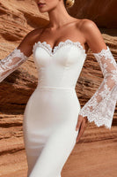 Load image into Gallery viewer, White Satin Sweetheart Mermaid Lace Sleeves Sweep Train Wedding Dress