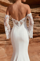 Load image into Gallery viewer, White Satin Sweetheart Mermaid Lace Sleeves Sweep Train Wedding Dress